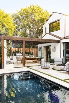 a backyard with a pool and patio furniture