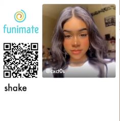 a woman with grey hair is looking at the camera and has qr code on her face