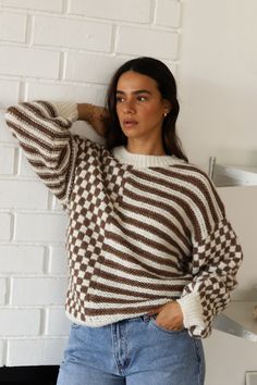 Knit pullover featuring an oversized balloon sleeve in a striped check pattern with a crewneck and boxy fit. Materials: 56% Recycled Polyester, 44% Polyester Queer Fashion Feminine, Checker Sweater, Prism Boutique, Fashion Feminine, Queer Fashion, Sweater Oversize, Sweater Sale, Knit Pullover, Check Pattern