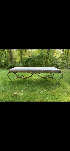 a bench sitting on top of a lush green grass covered park field with trees in the background