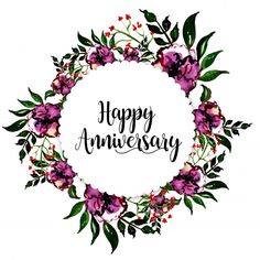 happy anniversary card with purple flowers and greenery in the center on a white background