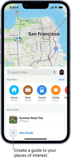 an iphone with the san francisco app on it's screen and directions to nearby locations