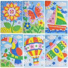 four different pictures of hot air balloons with flowers and stars on the bottom, one is made out of plastic beads