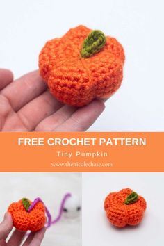 a crocheted pumpkin is being held by someone's hand with the text free crochet pattern