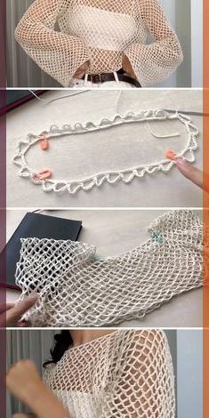 four different pictures showing how to make a crochet net top with yarn and beads