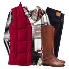 Red down vest, tartan scarf & striped top Red Vest Outfit, Tartan Scarf, Vest Outfits, Down Vest, Casual Fall Outfits, Western Outfits