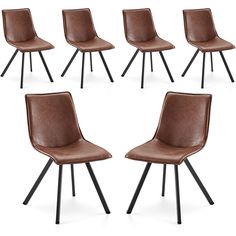 six brown leather dining chairs with black metal legs