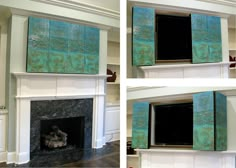 four different views of a fireplace with blue paint on the front and back panels, in various stages of being painted