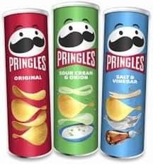 three cans of pringles sour cream and onion with mustaches on them, each one in different colors