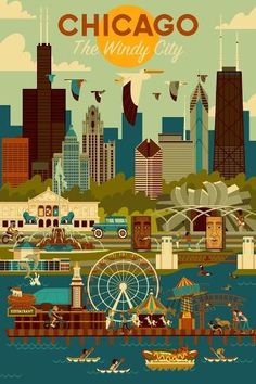 the lake michigan city skyline is shown in this retro style poster, which features an amusement park and ferris wheel