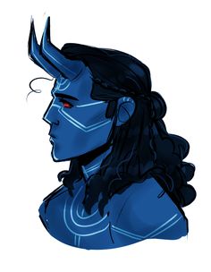 a drawing of a woman with horns on her head and long hair, wearing blue