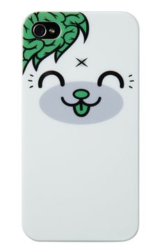 an iphone case with a cat's face and green leaves on the top of it