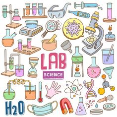 the word lab science surrounded by doodles and laboratory equipment, such as beakles, flasks, spoons, glasses, etc