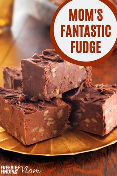 chocolate fudges stacked on top of each other with text overlay that reads mom's fantastic fudge