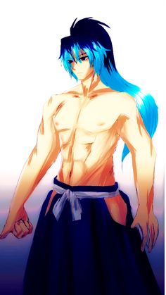 an anime character with blue hair and no shirt