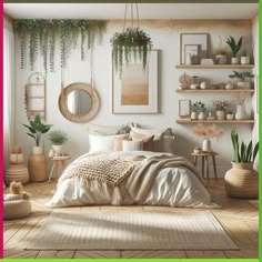 a bedroom with plants and pictures on the wall