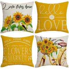 three decorative pillows with sunflowers and bicycles printed on the front, one is yellow