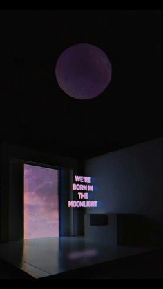 an empty room with a neon sign in the corner that reads, where even the moonlight