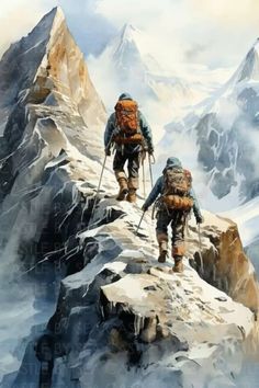 two people hiking up the side of a snow covered mountain