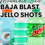 there are many different types of bottled drinks on this table with the words mountain dew, baja blast and jello shots