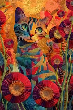 a painting of a cat surrounded by flowers