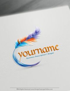 colorful feather logo design on white paper with blue, orange and red feathers in the center