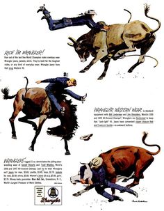 an old advertisement for the rodeo shows men on horses, cows and steers in mid - air