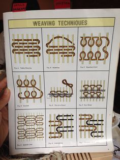 a person holding up a piece of paper with different types of weaving techniques on it