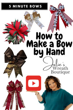 Have you been wondering how hard it is to make a bow by hand? Julie will show you just how easy it really is. In her step by step tutorial she will show you how to make not 1 or 2 bows, but 5 bows by hand and most of them you will have ready to go in 5 minutes or less! Pick your favorite ribbons and get ready to amaze everyone this Christmas.
#youtubetutorial #julieswreathboutique #easybows #bowmaking #handmadebow Easy Bow Tutorial Ribbons, 2 Ribbon Bow For Wreath Diy, Easy Wreath Bow Diy, Making Bows With Wired Ribbon, Large Bows How To Make A, How To Make A Large Bow With Ribbon, Wreath Bow Tutorial Step By Step, Bow Making Tutorial Step By Step, Easy Bow Making Tutorials