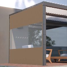 an outdoor area with furniture and a pergolated covering on the side of it