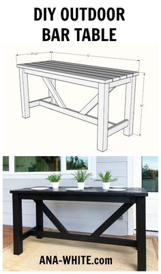 the diy outdoor bar table is shown with measurements