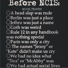 a black and white poster with words written in different languages, including the word before ncis