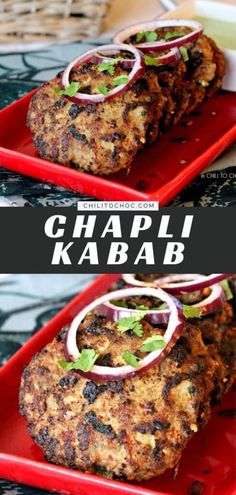 two red trays with food on them and the words chappi kabab