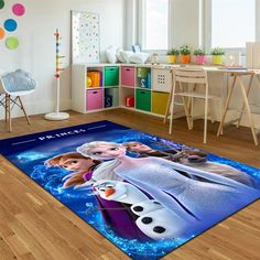 a room with a rug that has an image of the characters from frozen princesses on it