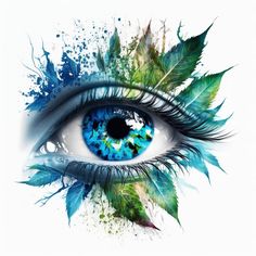 an eye with blue and green leaves on it