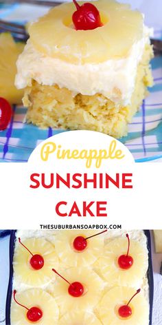 pineapple sunshine cake on a plate with cherries and text overlay that reads, pineapple sunshine cake