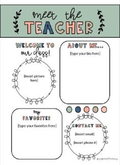 a teacher's poster with the words meet the teacher and their name on it