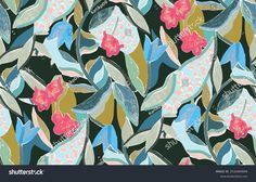 an abstract floral pattern with pink flowers and leaves on black background, suitable for wallpaper or