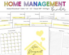 the printable home management binder is shown in yellow and white with hearts on it