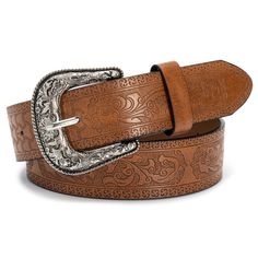 PRICES MAY VARY. Material: Made from high quality PU leather. Size: Length 45"/115cm, for 30-38" waist. Comes with 7-9 holes for plenty of room for adjustments. you could use adjustable buckle to make the belt fit the waist. Design: classic Western-style design. Western-inspired belt featuring embossed pattern and contrast trims. Occasion: This women's classic styled PU leather belt works with both casual and dress apparel, and compliments any man's fashion attire for everyday wear or special oc Brown Leather Belt For Rodeo, Western Style Brown Belt With Engraving, Adjustable Brown Western Belt, Southwestern Brown Belt With Antique Buckle, Western Brown Antique Buckle Belt, Cowboy Belt, Embossed Pattern, Branded Belts, Leather Belts Men