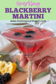 a hand holding a martini glass filled with blueberries and blackberries on the rim