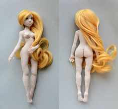 two pictures of a doll with long blonde hair and no clothes, one in the process of being made