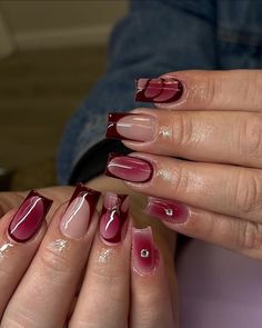 Short square nails  Red short nails  Short aura nail set Christmas Nails Wine Red, Wine Red Chrome Nails, Cranberry Chrome Nails, Dark Red Acrylic Nails Design, Wine Chrome Nails, Short Dark Red Nails, Short Christmas Nails Red, Short Gel Nails Winter, Brown Long Nails