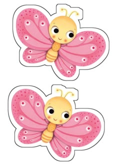 two pink and yellow butterfly shaped stickers with dots on the wings, one has a face