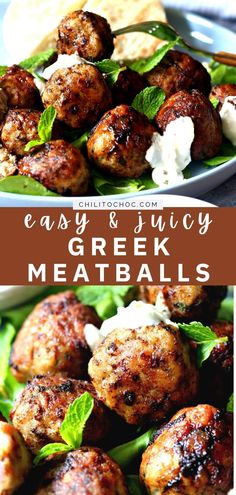 some meatballs are sitting on a plate with green leaves and cream cheese in the background