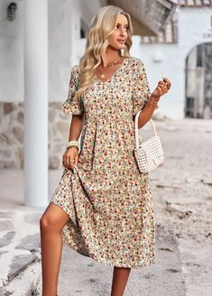 F00161635-505 Summer Outfits Boho Chic, Summer Outfits Boho, Whimsical Patterns, Flounce Sleeve, Vacation Dresses, Midi Dress With Sleeves, Floral Dress Summer, Versatile Dresses, Chic Accessories