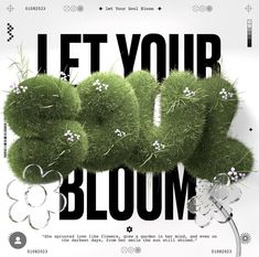 a poster with the words let your bloom written in black and white, surrounded by green grass