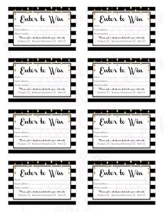 four black and white tickets with gold trimmings, each one has a name on it