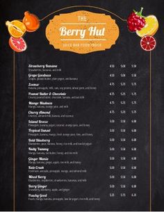 the berry hut menu on a blackboard with oranges, raspberries and grapefruit