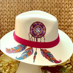 Dream Catcher Hand Painted Woman Hat Summer Style White Fedora Panama Hat For Festivals, White Bohemian Panama Hat With Flat Brim, White Bohemian Panama Hat For Festivals, Trendy White Panama Hat With Short Brim, Native Hat, Hat Painting, Vintage Straw Hat, Denim Bows, Tie Dye Hat